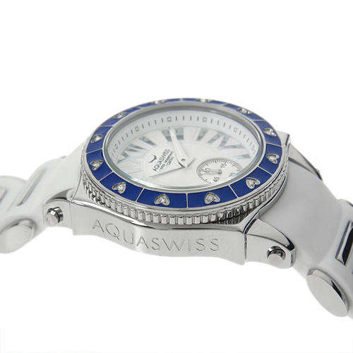 [CERTIFIED] DIAMOND Aquaswiss Lady .12ct Snow White and Blue Bezel Swiss Watch BRAND NEW