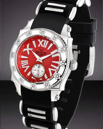 Certified 12 DIAMONDS Aquaswiss Lady .12ct Red Dial and White Bezel Swiss Watch BRAND NEW