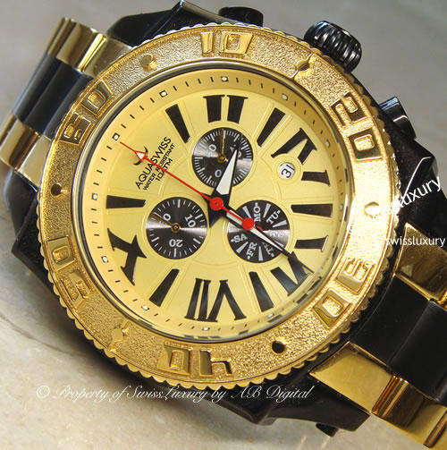 RARE AQUASWISS MEN'S AQUANAUT GT-CHRONOGRAPH RACER 18K GOLD PL + BLACK IP SWISS WATCH HIGH LUXURY