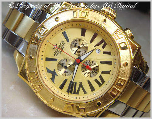 RARE AQUASWISS MEN'S AQUANAUT 18K PL TWO TONE CHRONOGRAPH 18K GOLD PL XG SWISS WATCH HIGH LUXURY