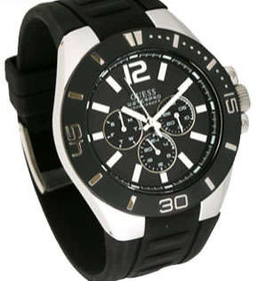 GUESS Men's Black IP Chronograph Rubber Band Watch + Gift box + Documents BRAND NEW