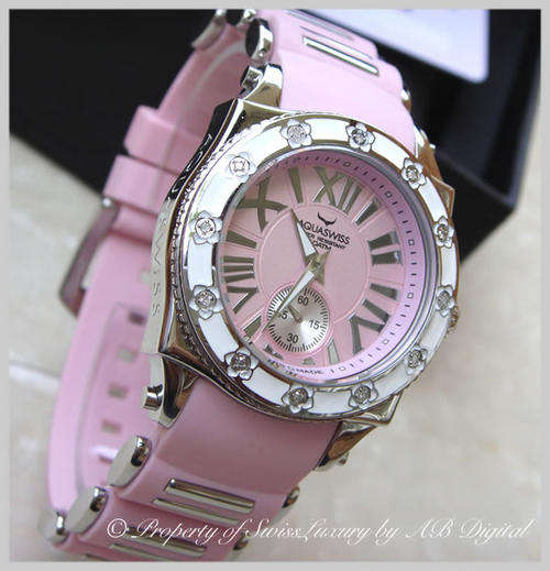 Brand New AQUASWISS Ladies 12 Diamonds .12 Carats Paris Pink Swiss Watch w/ BOX AND PAPERS