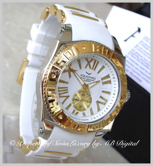 Brand New AQUASWISS Lady Snow White 18k Gold pl Swiss Watch W/ BOX AND PAPERS