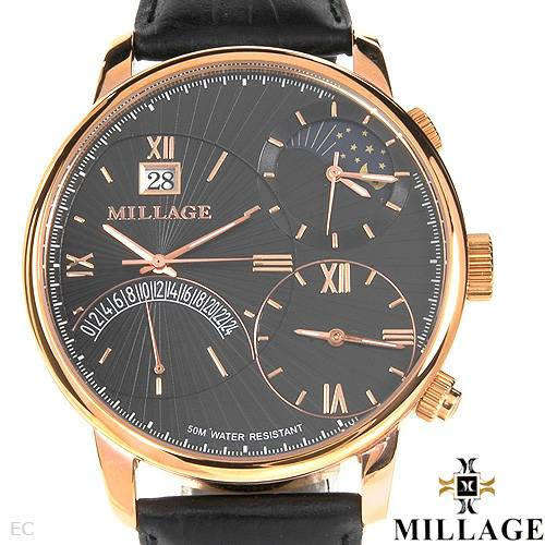 MILLAGE 18k Rose Gold pl Black Face 3 TIME ZONE Gentlemens Date Watch w/ BOX AND PAPERS