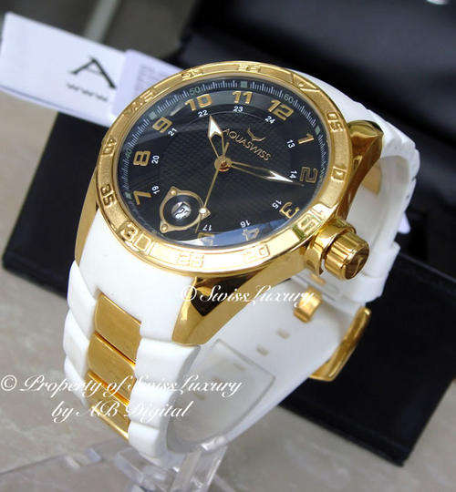 low start bid!!** AQUASWISS Men's White REAL 18K GOLD pl Swiss Watch W/ BOX AND PAPERS