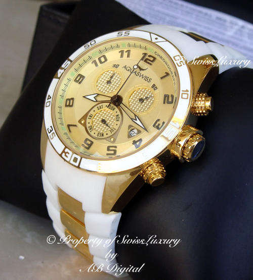 ONLY 1** New AQUASWISS Men's 18k REAL GOLD pl Snow Chronograph Swiss Watch W/ BOX, PAPERS HIGH CLASS