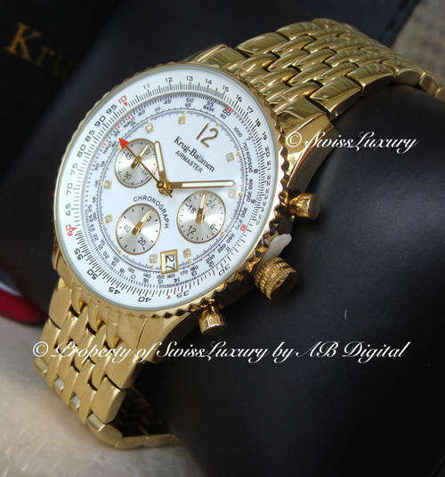 RARE **DIAMOND** Men's KRUG BAUMEN Full Gold Plated AIRMASTER Pilot Pearl Dial Chronograph