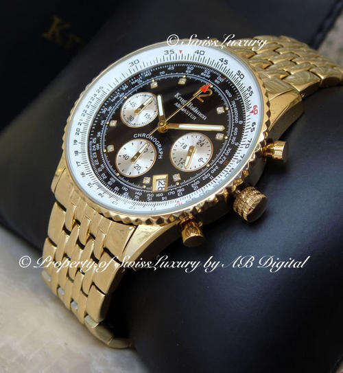 KRUG BAUMEN Pilot Slide Ruler **BLACK DIAMOND DIAL** Chrono Watch W. BOX, PAPERS, DIAMOND CERT.