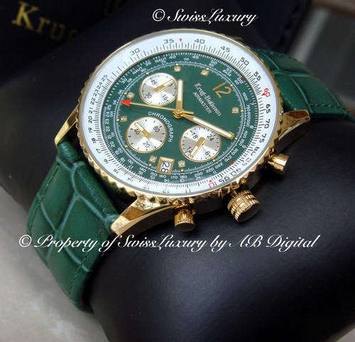 **AIRMASTER FLIGHT PILOT** KRUG BAUMEN **GENUINE DIAMOND** Limited Green SLIDE RULE WATCH w. PAPERS