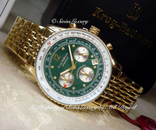 **DIAMOND** Men's KRUG BAUMEN Full Gold Plated AIRMASTER Pilot Slide Ruler Chronograph Watch