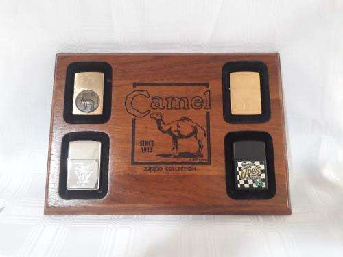 CAMEL ZIPPO'S IN A WOODEN PLAQUE