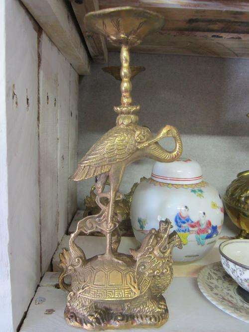 ESTATE SALE LOT 80 SET OF 2 BRASS CHINESE CRANE CANDLESTICKS