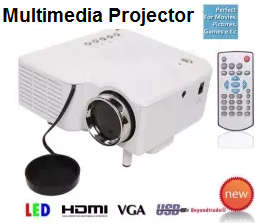Mini Multimedia LED Projector with HDMI, AV, VGA, USB, SD. Available in White or Black color