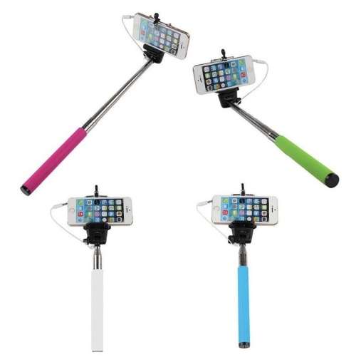 Plug-In Selfie Stick. Extendable Handle With Holder For All Mobile Phones. Assorted colors available