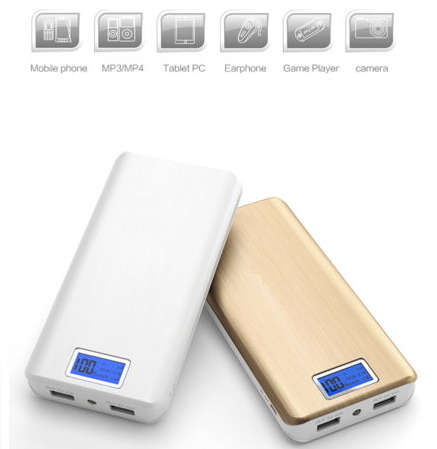 20 000mAh Universal Power Bank with LCD Display. Built in Protection, LED Torch. Assorted Colors