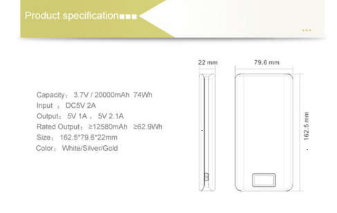 20 000mAh Universal Power Bank with LCD Display. Built in Protection, LED Torch. Assorted Colors