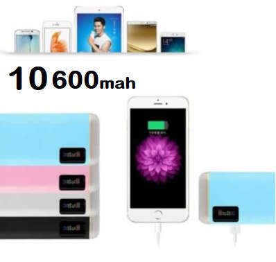 Universal 10 600mAh Power Bank with 2 x USB Ports. Fast Charge. Built in LED Lamp. Assorted Colors