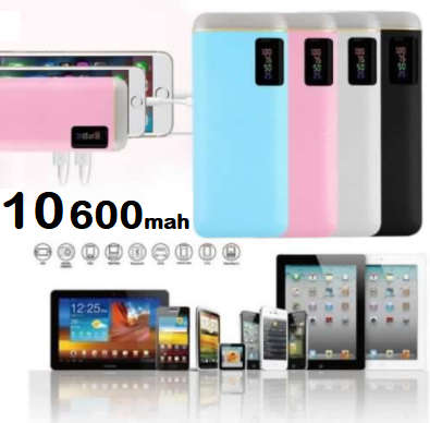 Universal 10 600mAh Power Bank with 2 x USB Ports. Fast Charge. Built in LED Lamp. Assorted Colors