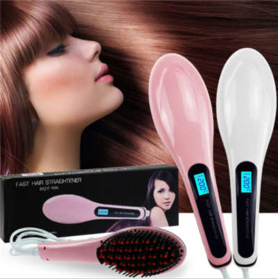 Hot Iron Hair Straightening Brush. With Temperature Controls. LED Display. Pink color.