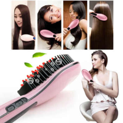 Hot Iron Hair Straightening Brush. With Temperature Controls. LED Display. Pink color.