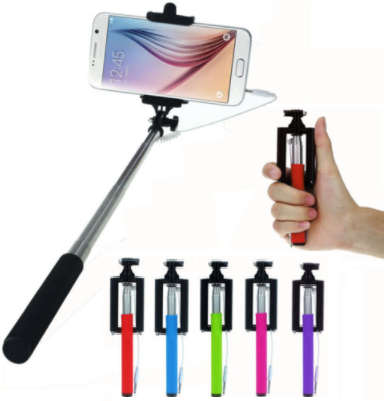 Plug-In Selfie Stick. Extendable Handle With Holder For All Mobile Phones. Assorted colors available