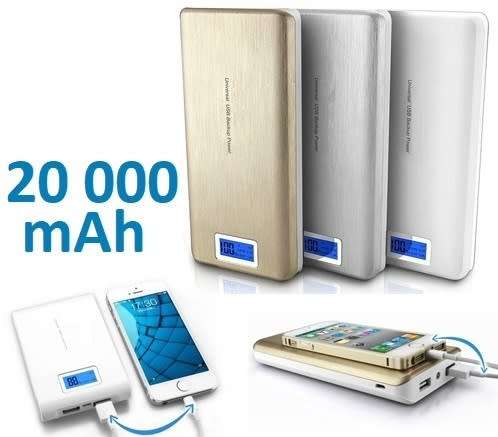 20 000mAh Universal Power Bank with LCD Display. Built in Protection, LED Torch. Assorted Colors