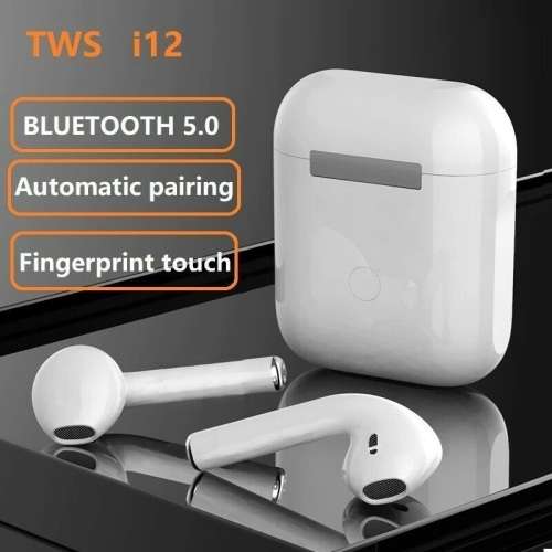 i12 Wireless Earphones. Compatible With Android, iOS, Windows and Mac OS. Bluetooth 5.0