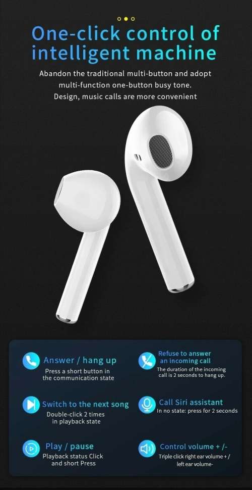 i12 Wireless Earphones. Compatible With Android, iOS, Windows and Mac OS. Bluetooth 5.0