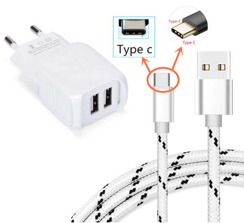 USB Type-C Quick Charger Kit. 2.4A, AC wall charger. 1m type-c cable. 2 USB ports.