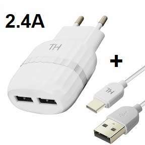 USB Type-C Quick Charger Kit. 2.4A, AC wall charger. 1m type-c cable. 2 x USB ports
