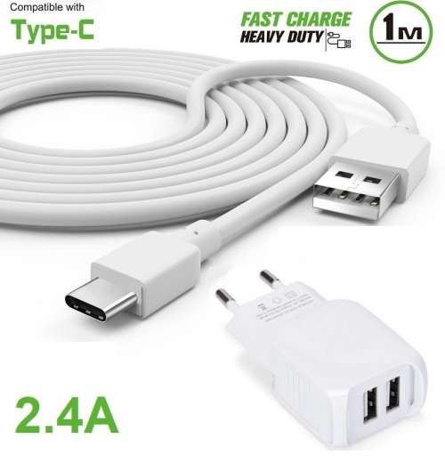 USB Type-C Quick Charger Kit. 2.4A, AC wall charger. 1m type-c cable. 2 x USB ports