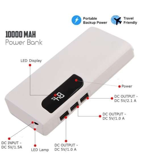 Universal 10 000mAh Power Bank with Built in Lamp. 3 x USB ports. Assorted colors available.