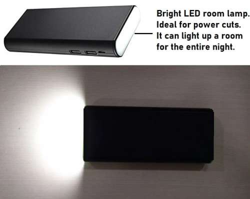 10 000mAh Power Bank with a Bright LED Room Lamp. Ideal For Power Cuts. Assorted colors available