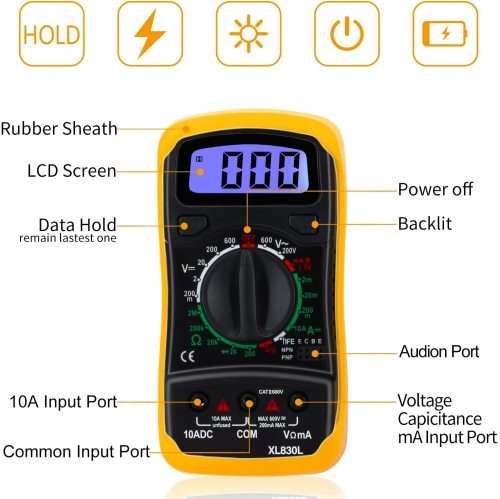 Digital Multimeter - Portable, Backlit LCD, Non-Slip Sleeve, Various Functions, 9V Battery Included