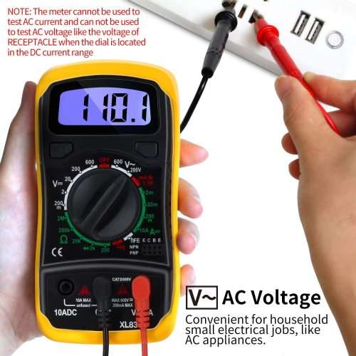 Digital Multimeter - Portable, Backlit LCD, Non-Slip Sleeve, Various Functions, 9V Battery Included