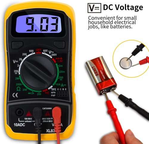 Digital Multimeter - Portable, Backlit LCD, Non-Slip Sleeve, Various Functions, 9V Battery Included
