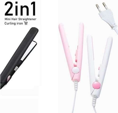 2in1 Mini Ceramic Hair Straightener Curler Iron. Available in Pink, White or Black.