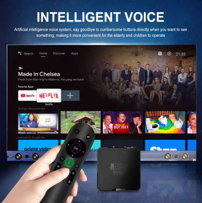 M98 Pro Tv Box. AI Voice Control. 2GB Ram, 16GB Storage. Supports All Local Apps.