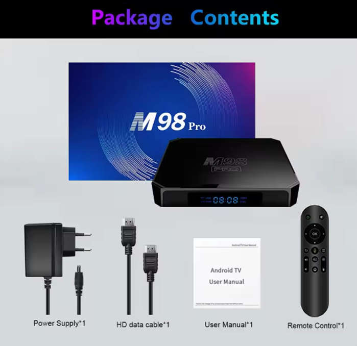 M98 Pro Tv Box. AI Voice Control. 2GB Ram, 16GB Storage. Supports All Local Apps.