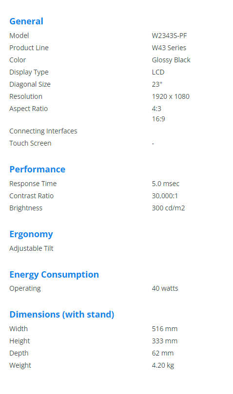 23` LG Flatron W2343s-PF LCD Monitor, VGA Port, 1920x1080
