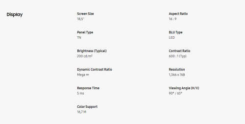 19` Samsung LED Display, VGA, 1366x768