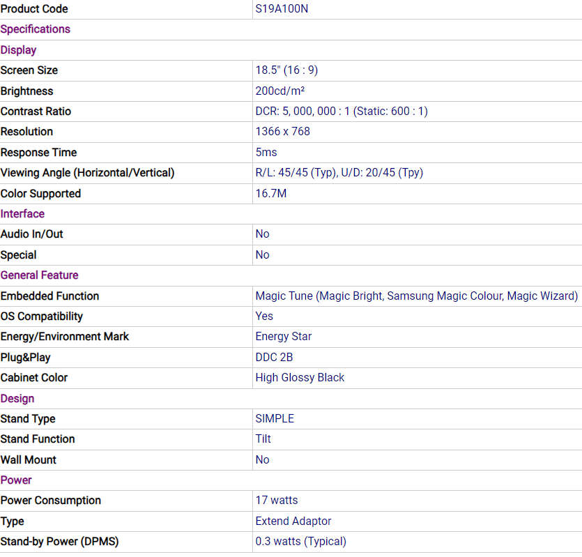 19` Samsung LED Widescreen Display, VGA, 1366x768