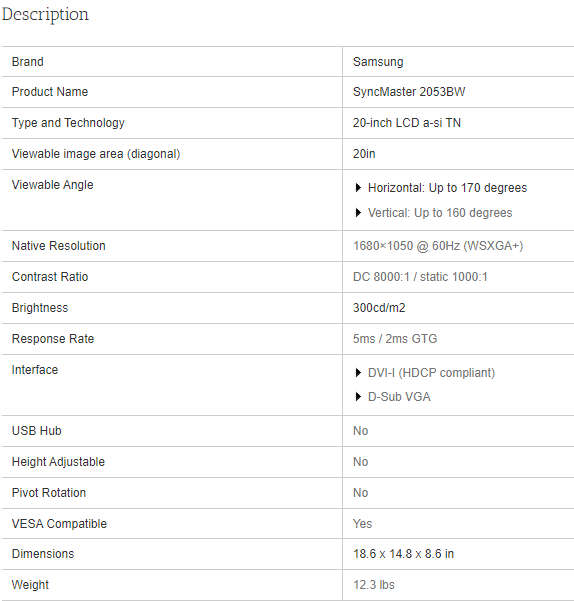 20` Samsung SyncMaster 2053BW, VGA, DVI, 1680x1050 Resolution (no Stand)