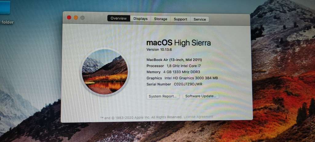 i7 Macbook Air 2011 , 13` display, 4gb Ram, 256gb SSD, macOS High Sierra