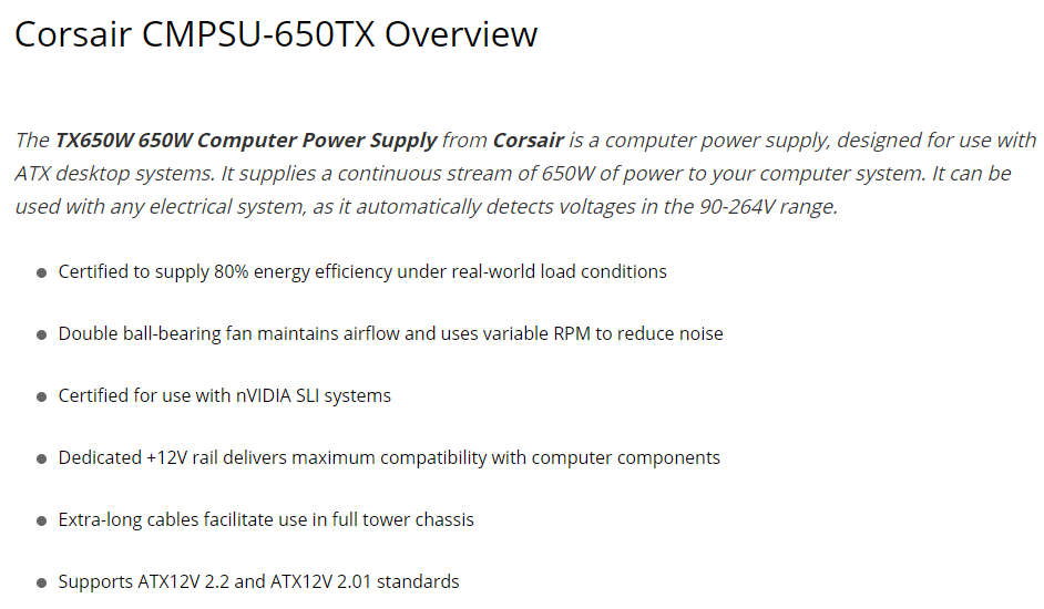Corsair TX650W 650W Computer Power Supply