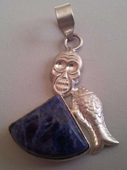 UNUSUAL SKULL, FISH AND SODALITE STERLING SILVER PENDANT - genuine gemstone & silver!