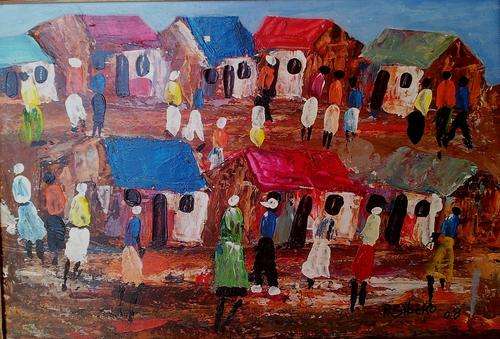 PETER SIBEKO OIL "GATHERING" FRAMED