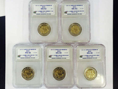 **ULTIMATE 5 COIN SET - 2011 SARB COLLECTION R5 COINS GRADED MS 62,63,64,65,66**