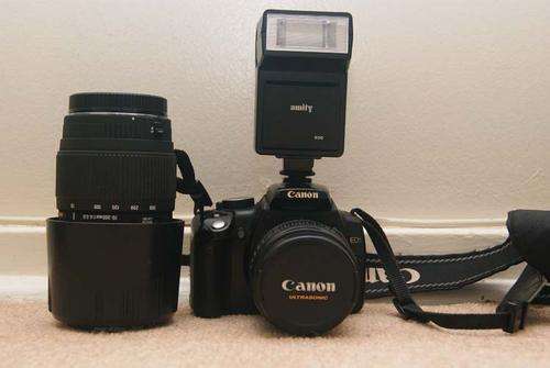 Canon EOS 350D + 18-55mm lens & Sigma 75-300mm lens+ Flash