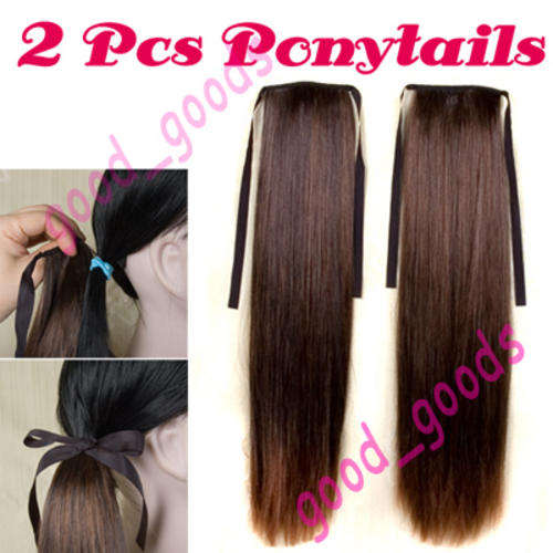 Q081 Brown Black Mixed Straight Long Ponytails Hair Extension Wigs (Perruque) x 2 pcs